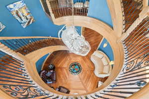 Staircase with a chandelier