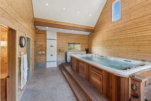 Misc room with a jacuzzi, wood walls, high vaulted ceiling, and recessed lighting