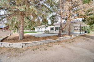 Rear view of house with a metal roof, a carport, a patio area, and a standing seam roof