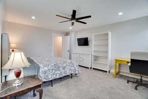 Bedroom featuring carpet floors, recessed lighting, a ceiling fan, and an office area