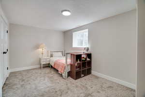 Bedroom with carpet flooring and a textured ceiling