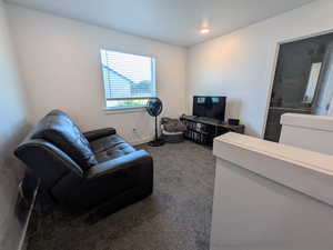 Carpeted living room featuring baseboards