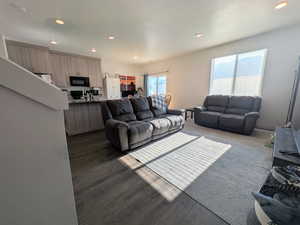Living room with dark wood-style flooring and recessed lighting