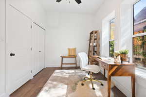 Office featuring wood finished floors and ceiling fan.  Flex space room - could be used as an  office, dining room, or bedroom