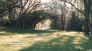 View of green lawn featuring a view of trees