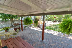 Fenced backyard featuring a patio area and a fire pit