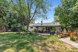 Rear view of property with a patio area, a chimney, and a shingled roof