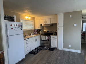 Kitchen featuring freestanding refrigerator, stainless steel range with electric stovetop, a textured ceiling, white cabinetry, and dark wood-style flooring