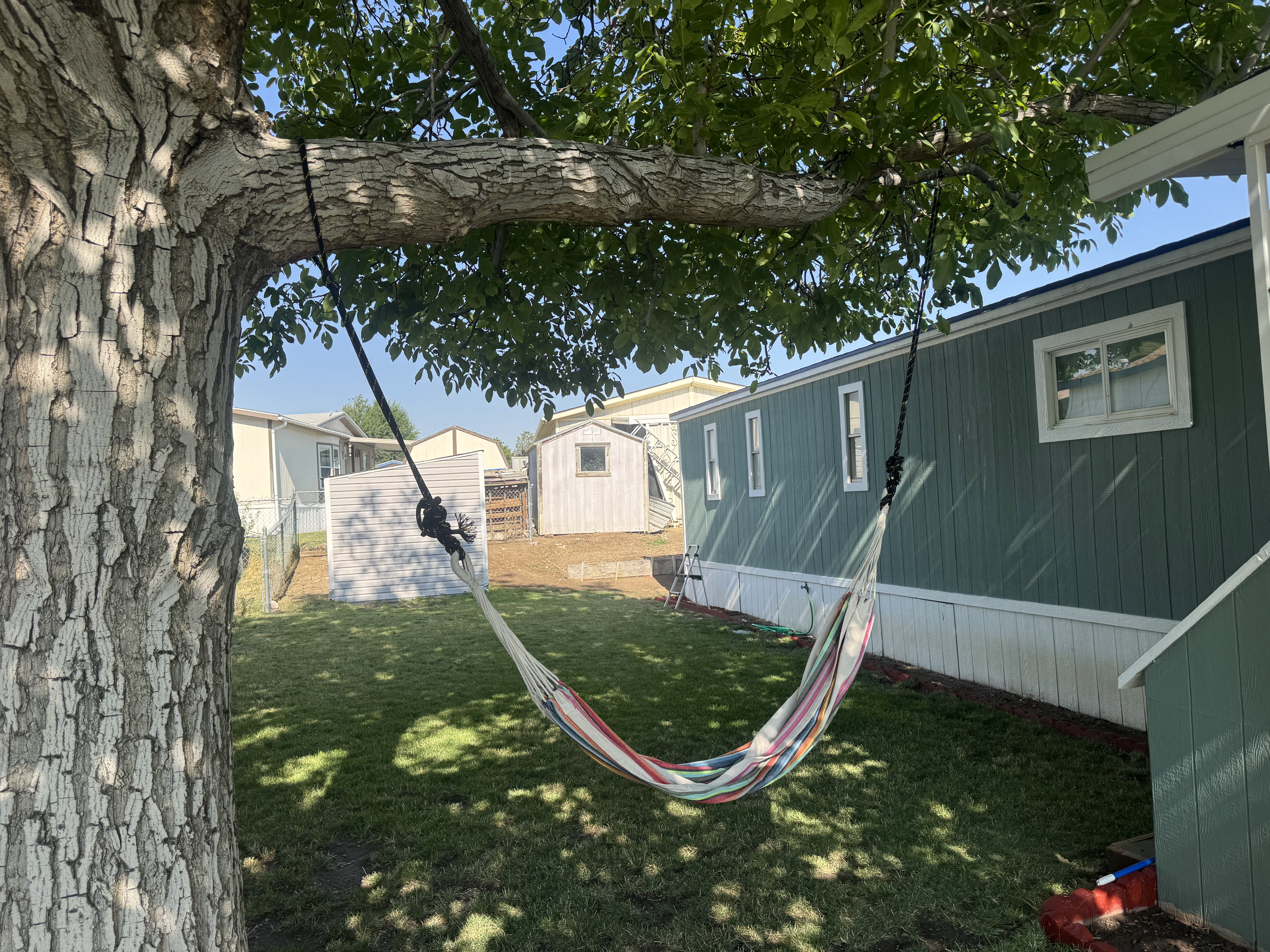 View of yard featuring a storage shed and a residential view