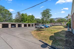 Uncovered parking lot with a mountain view