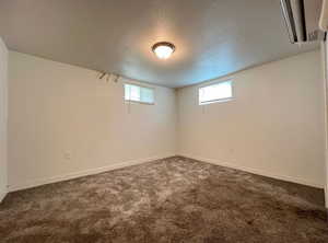 Below grade area with a textured ceiling and carpet