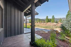 View of patio / terrace featuring a mountain view