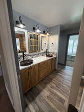 Full bathroom with double vanity and dark wood-style flooring