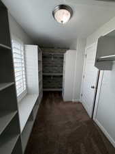 Spacious closet with dark carpet