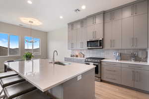 Kitchen with gray cabinets, tasteful backsplash, stainless steel appliances, light wood-style flooring, and recessed lighting