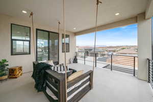 Patio / terrace with a mountain view