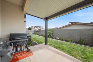 Fenced backyard with a patio area and a grill