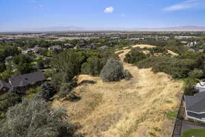Aerial perspective of suburban area with a mountain backdrop