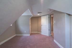 Additional living space with carpet flooring and a textured ceiling