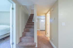 Stairs with carpet flooring and baseboards