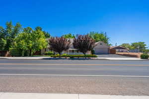 View of property hidden behind natural elements with driveway and a garage
