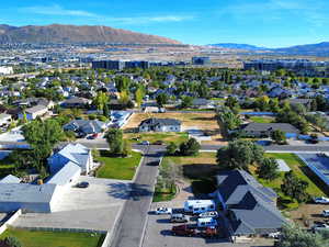 Aerial view of residential area with a mountain backdrop