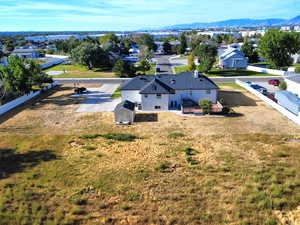 Aerial view of residential area with a mountainous background