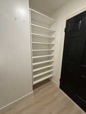 Primary walkin closet shoe storage