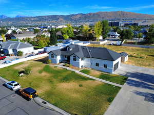 Aerial view of residential area with a mountain backdrop