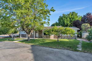 Obstructed view of property featuring stone siding and roof with shingles