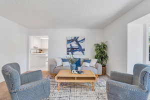 Living room featuring a textured ceiling and baseboards