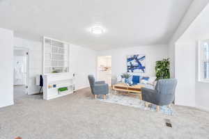 Living room featuring carpet and a textured ceiling