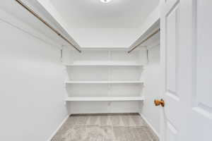 Spacious closet with light carpet