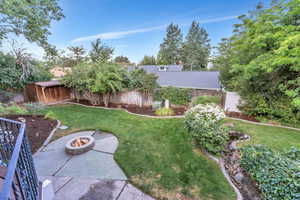 Fenced backyard with a fire pit and a patio