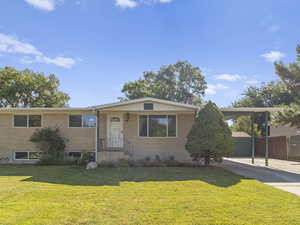 View of front of house with brick siding, a carport, and driveway