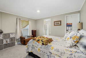 Carpeted bedroom with crown molding and baseboards