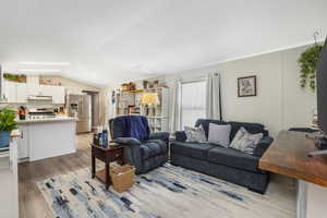 Living room featuring vaulted ceiling, light wood-type flooring, a textured ceiling, and ornamental molding