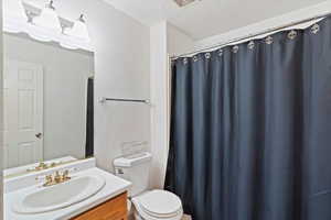 Bathroom featuring vanity, a textured ceiling, and a shower with curtain