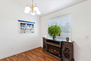 Detailed view of a chandelier and wood finished floors