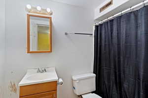 Full bathroom with vanity and a shower with shower curtain