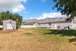 View of yard featuring a storage unit, a patio area, and a mountain view