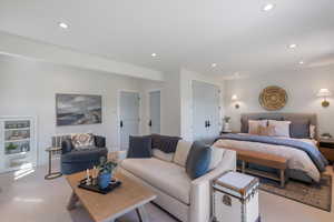 Bedroom with carpet flooring and recessed lighting
