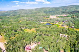 Aerial view of property's location with a forest and a water and mountain view