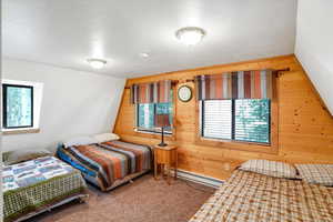 Carpeted bedroom with wooden walls and baseboard heating