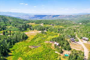Aerial overview of property's location featuring a mountain backdrop
