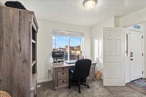 Carpeted home office with a textured ceiling and baseboards