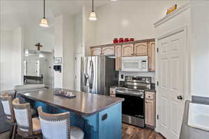 Kitchen with dark countertops, high vaulted ceiling, appliances with stainless steel finishes, dark wood finished floors, and a kitchen breakfast bar
