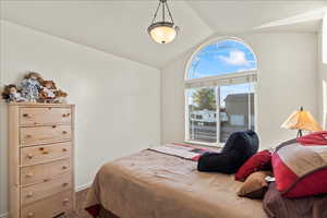 Carpeted bedroom featuring vaulted ceiling