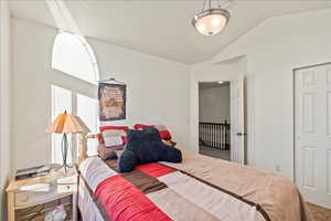 Bedroom featuring vaulted ceiling and carpet