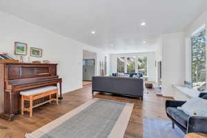 Living room featuring wood-type flooring and recessed lighting